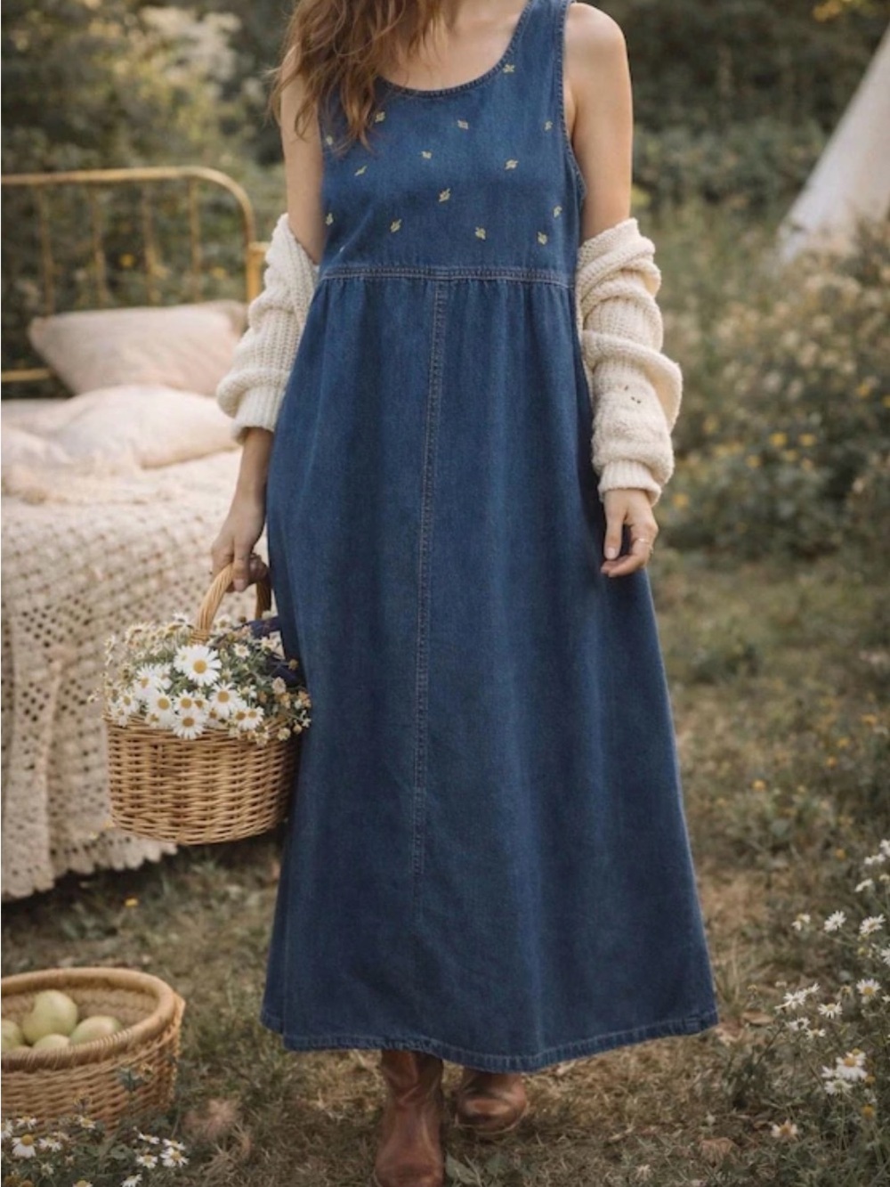 Erika & Co Vintage Women's Sleeveless Denim Boho Cottagecore Peasant Maxi Dress